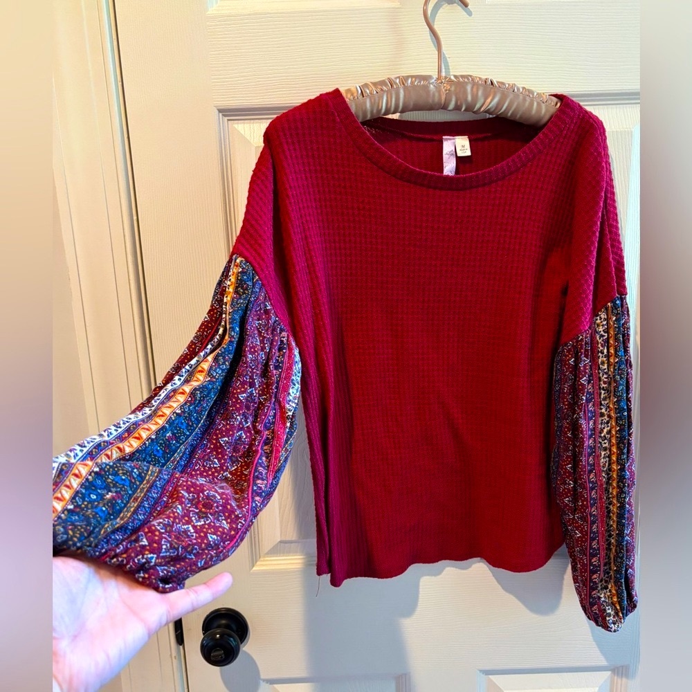 Women's Red Top with Patterned Balloon Sleeves Medium